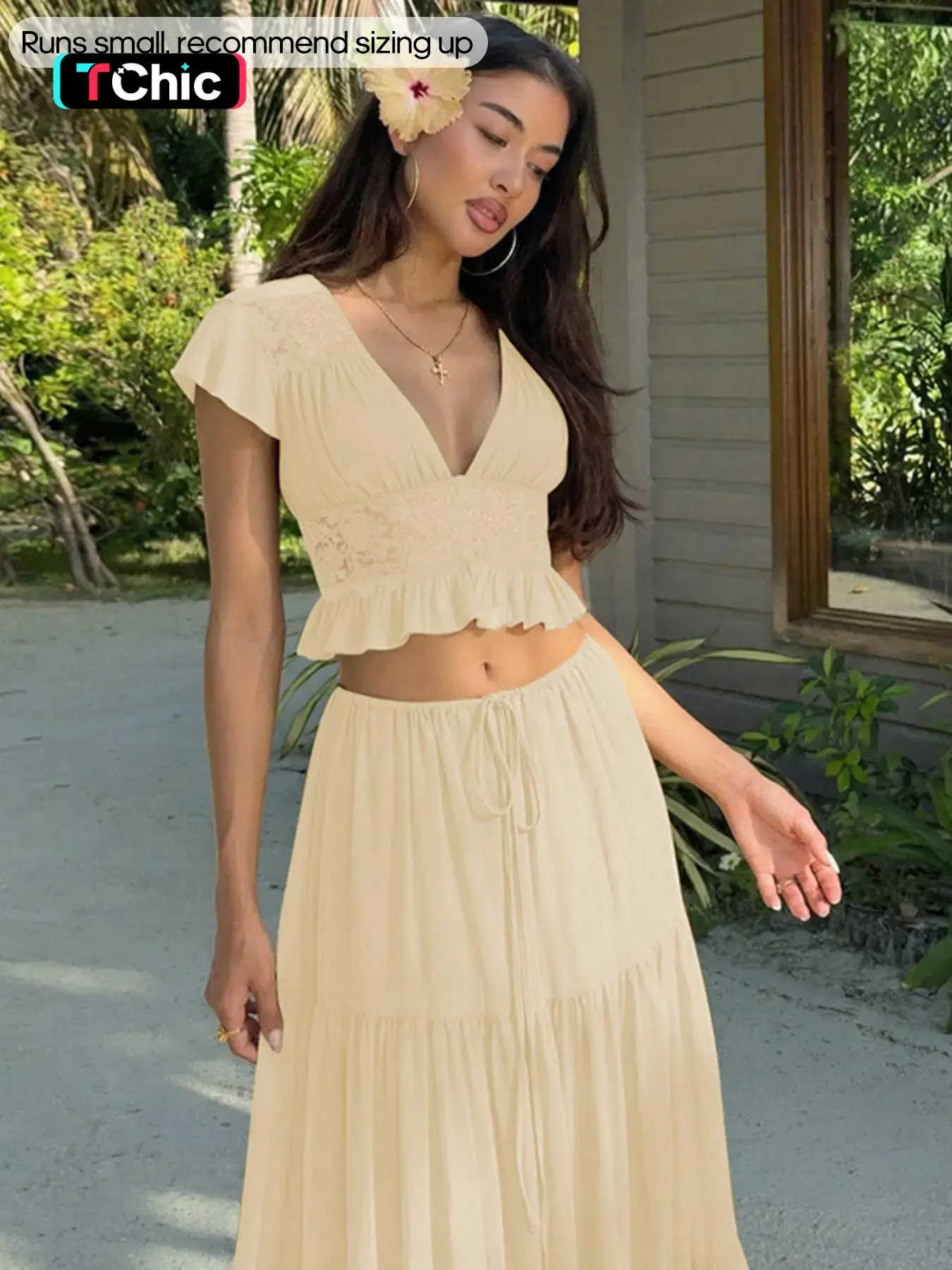 Women Spring Autumn Long Sleeve V Neck Tops Long Skirt Beach Vacation Chiffon Two Piece Set Outfit Womenswear Fashion Style Sets