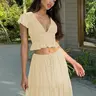 Women Spring Autumn Long Sleeve V Neck Tops Long Skirt Beach Vacation Chiffon Two Piece Set Outfit Womenswear Fashion Style Sets