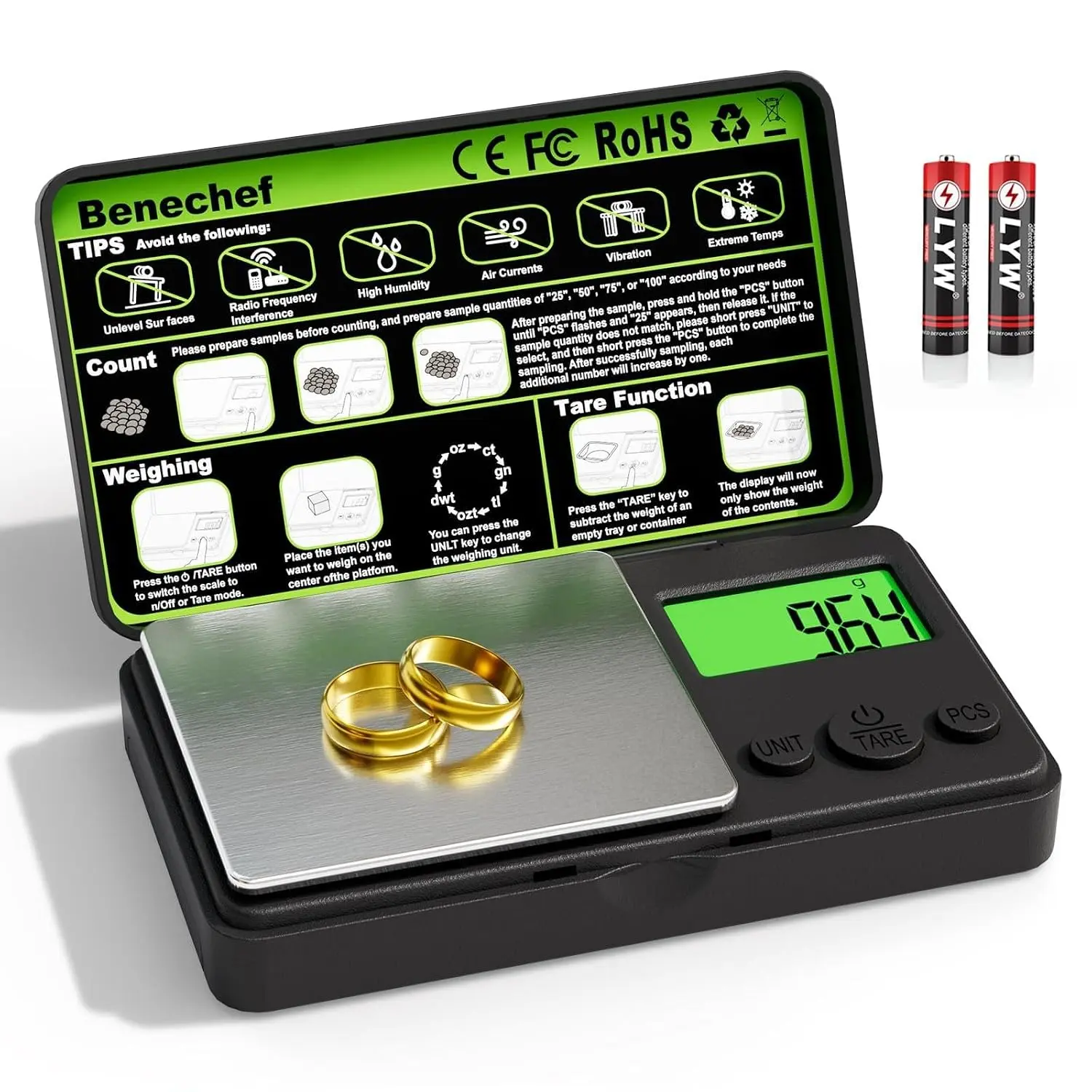 Mini 500g x 0.01g, Gram with Green Backlit LCD, Tare & PCS Counting, Jewelry for Gold, Silver, Coins & Gems