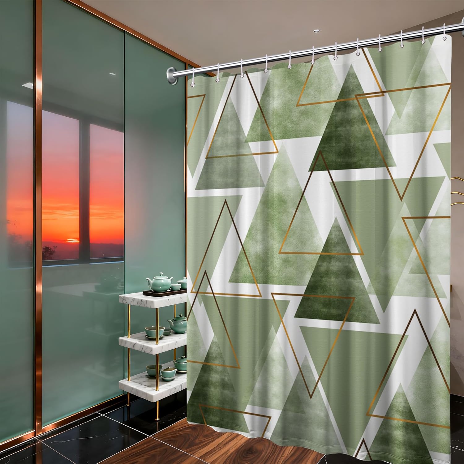 Sage Green and White Geometric Shower Curtain, Modern Olive Green Fabric Bathroom Decor, Includes Hooks for Shower, 1PC