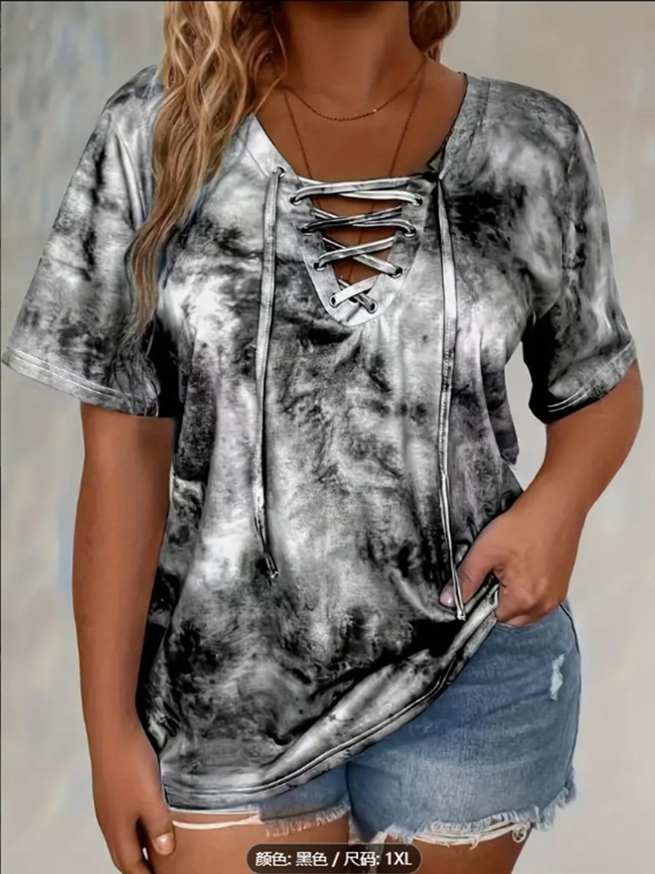 Plus Size Women's Tie Dye Print Front-Tie Adjustable Top, Casual Stretch Beachy Tee with Comfortable Fabric, Ideal for Daily Wear and Gifting