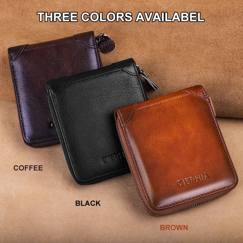 Mens Genuine Leather Zipper Wallet RFID Secure Large Capacity Double Fold Multi-card Leather Wallets for Men and Coin Purse
