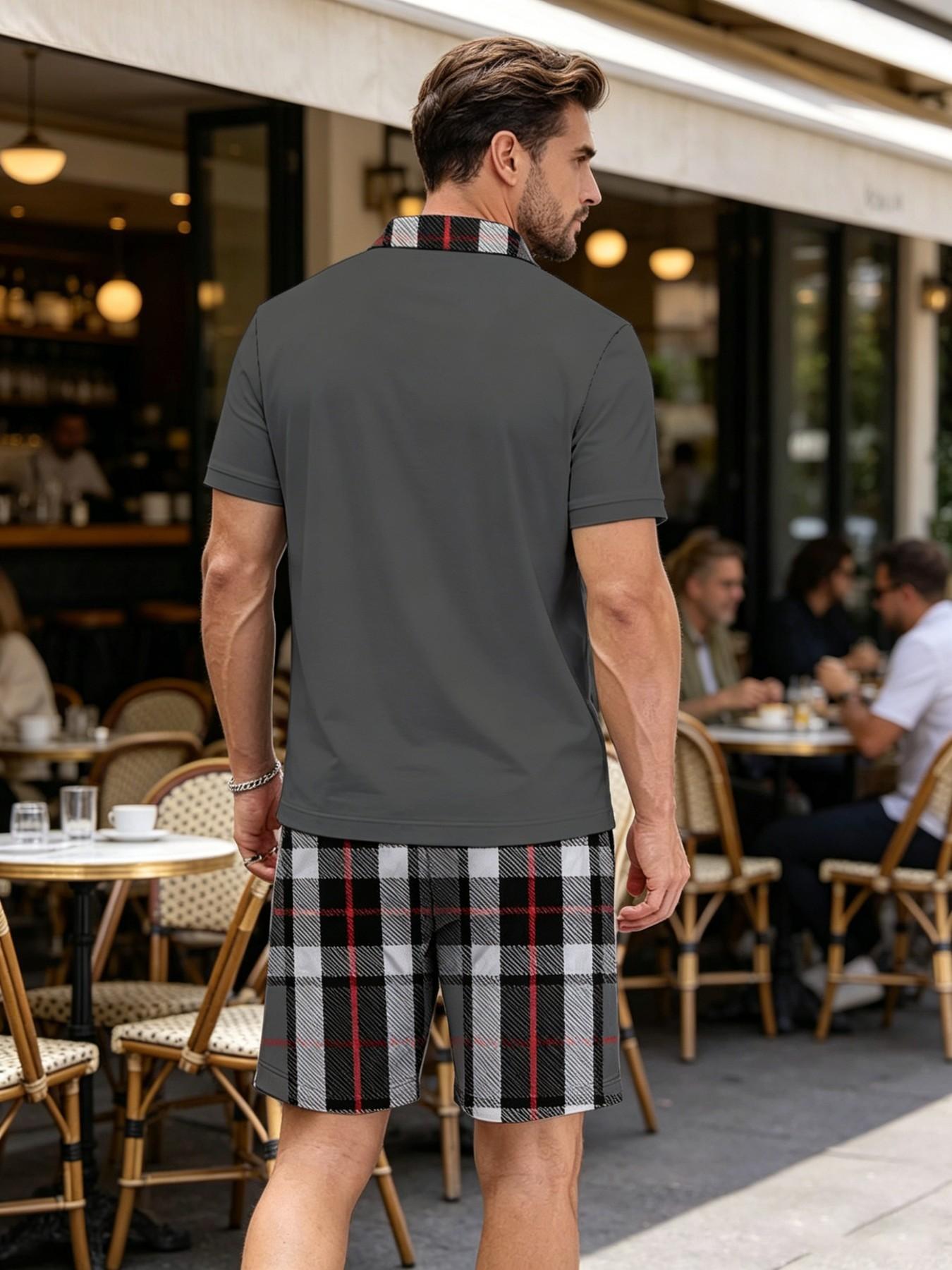 Summer Men's Menswear Plaid Checked Patchwork Set, Plaid Collar Polo Shirt + Plaid Shorts, Casual Two-Piece, Pocket, Drawstring Waist, Gift Idea Summer Men's Menswear Plaid Checked Patchwork Set, Plaid Collar Polo Shirt + Plaid Shorts, Casual Two-Piece, Pocket, Drawstring Waist, Gift Idea