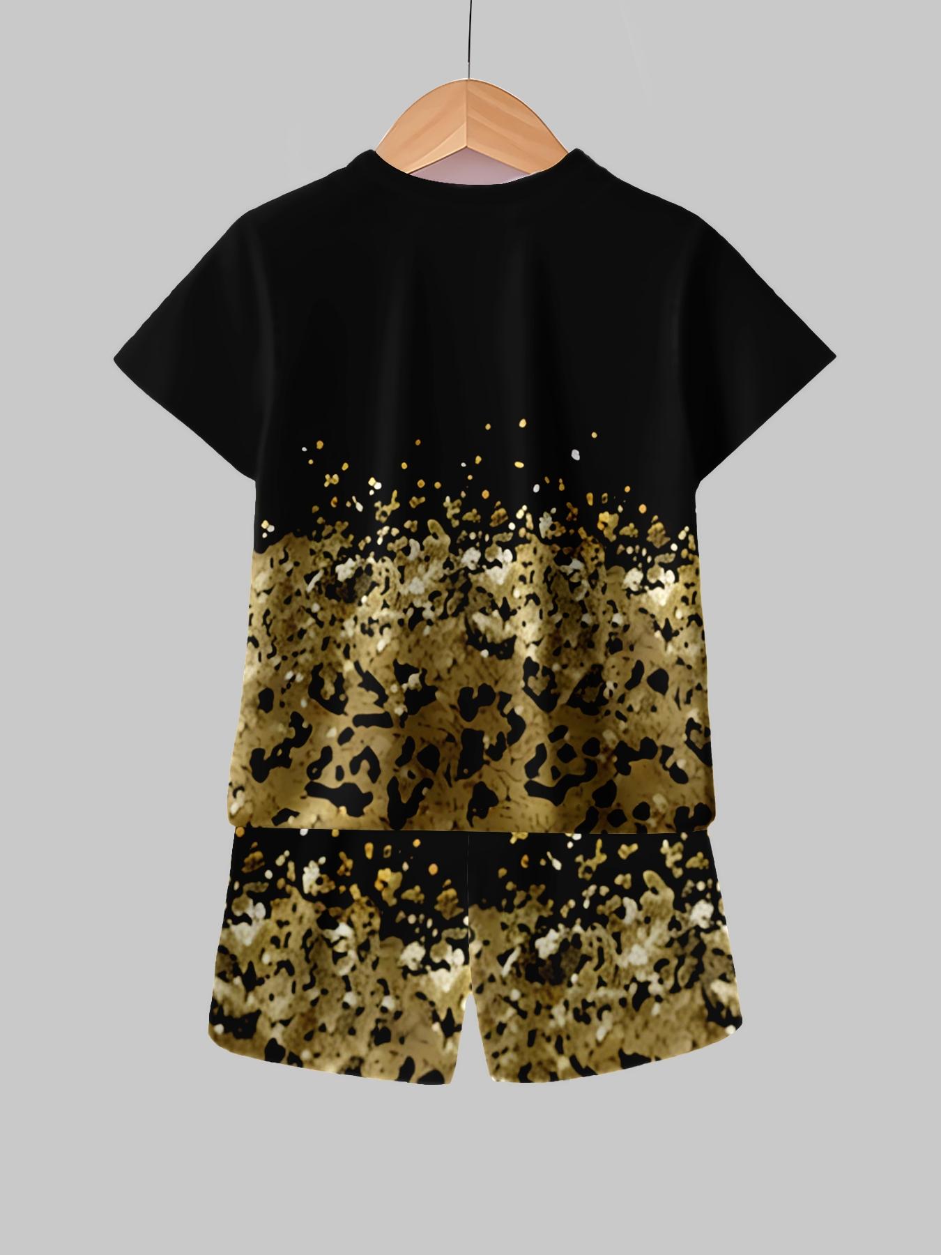 Kids Black & Gold Leopard Gradient Print Short Sleeve & Shorts Loungewear Set
