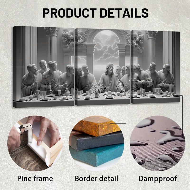 3-Piece Wooden Framed Canvas Art Set, & Last Supper Religious Theme Poster, Modern Home Decor Wall Art, High-Definition Print