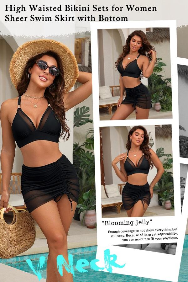 Blooming Jelly Cruvy Mesh High Wasited Bikini Sets Womens Tummy Control Swimsuits Swim Dress