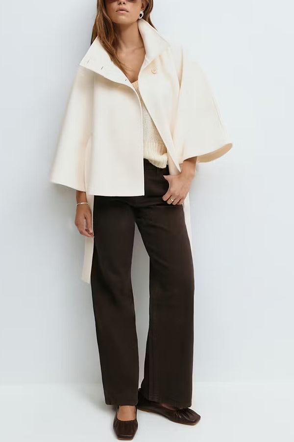 Women's Plain Front Buckle Belted Woolen Cape Coat, Casual Fall & Winter Outerwear, Stylish Daily Wear for Dating