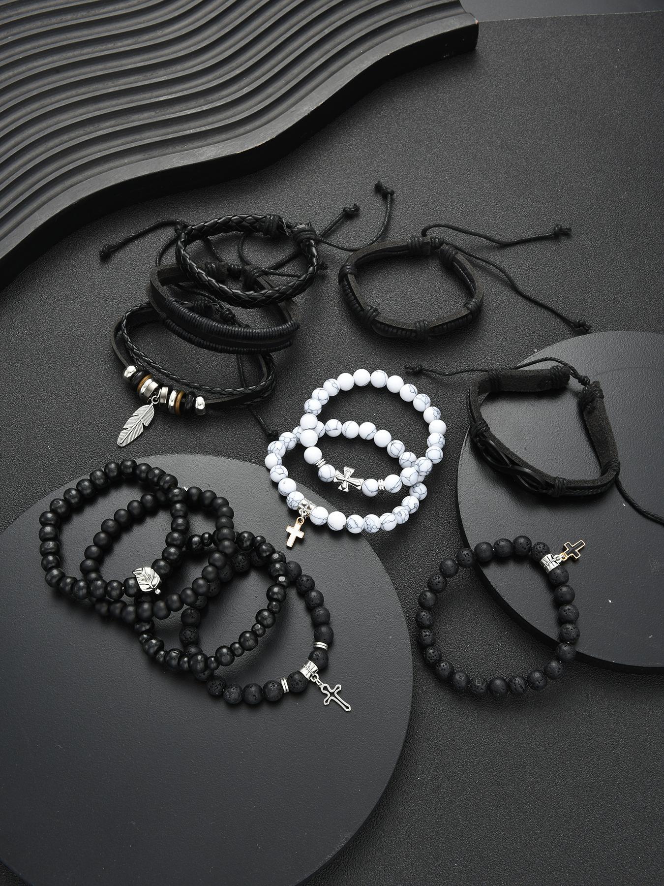 Men's Beaded Set, Cross Pendant Stone Jewelry, Casual Hip-Hop Style, Perfect Gift for Halloween Christmas Birthdays, Bracelet with Charms, Bracelets Stacking