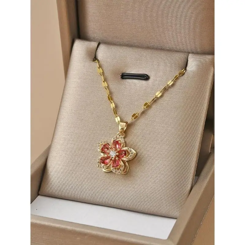 1pc Stainless Steel Rotating Five Petals Flower Shaped Pendant Necklace For Women Valentines