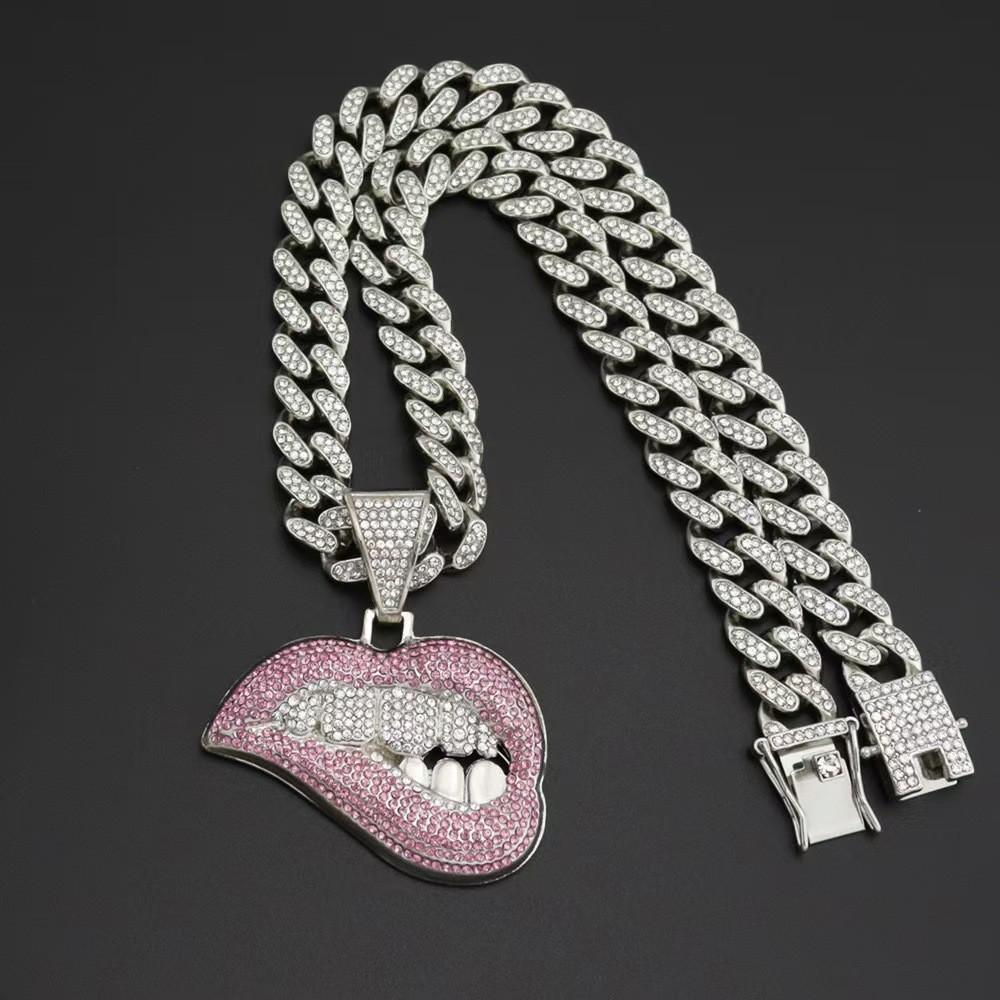 Silver Iced Out Pink Lips Pendant Necklace - Cuban Link Chain Hip Hop Jewelry for Men Women iced out necklace, cuban link necklace, lips necklace, pink lips pendant, hip hop jewelry, silver cuban chain, rhinestone necklace, two tone necklace, grillz jewel