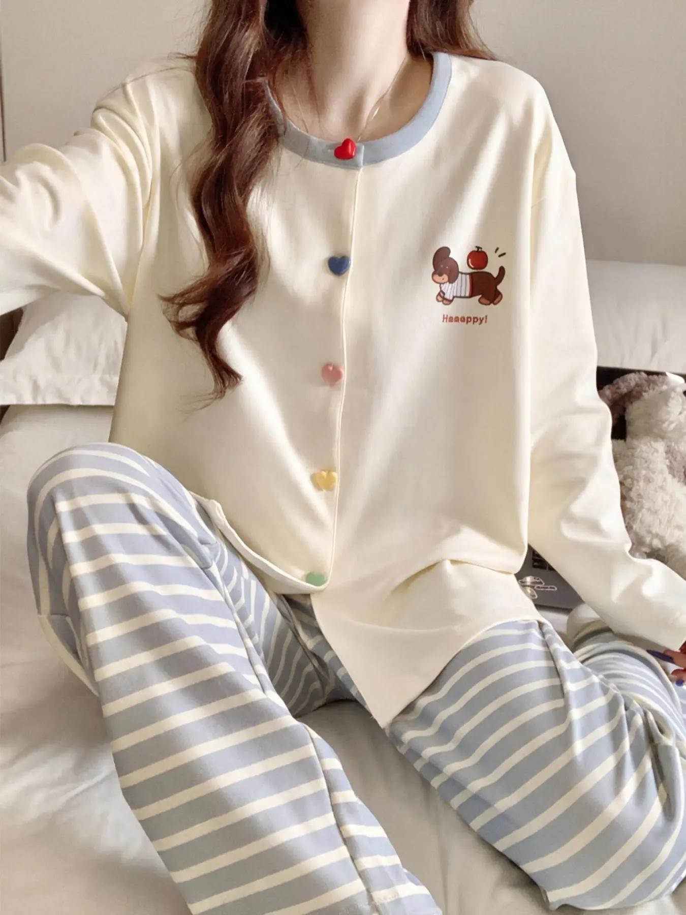 Dachshund Print Lounge Set for Women, Korean Sweet Style, Long Sleeve & Relaxed Fit, Soft Breathable Pajamas for Spring Fall