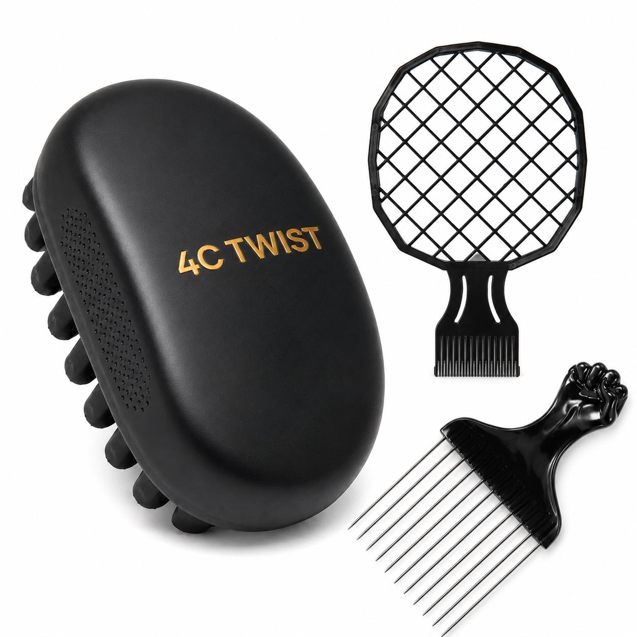 Men’s 4C Twist Curl Styling 3-Piece Set, Hair Styling Tools, 4C Hair Sponge Brush Kit with Hair Pick, Curl Comb & Texture Comb, Designed for Curly Hair, Defined Coils, Wave Patterns, Natural Short Hair Styling, Volume Control & Clean Textured Looks