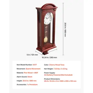 VEVOR Grandfather Clock, 26.7 in Classic Vintage Pendulum Clock, Pine Wood MDF Wall Clocks with Quartz Movement and Quiet Design, for Living Room, Bedroom, Home Decor Gift (Cherry Tone Finish)
