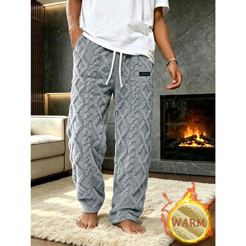 Men's Winter Warm and Plush Casual Pants, with Drawstring At The Waist and Jacquard Fabric, Comfortable, Lightweight and Soft, Suitable for Daily Casual Outdoor Wear