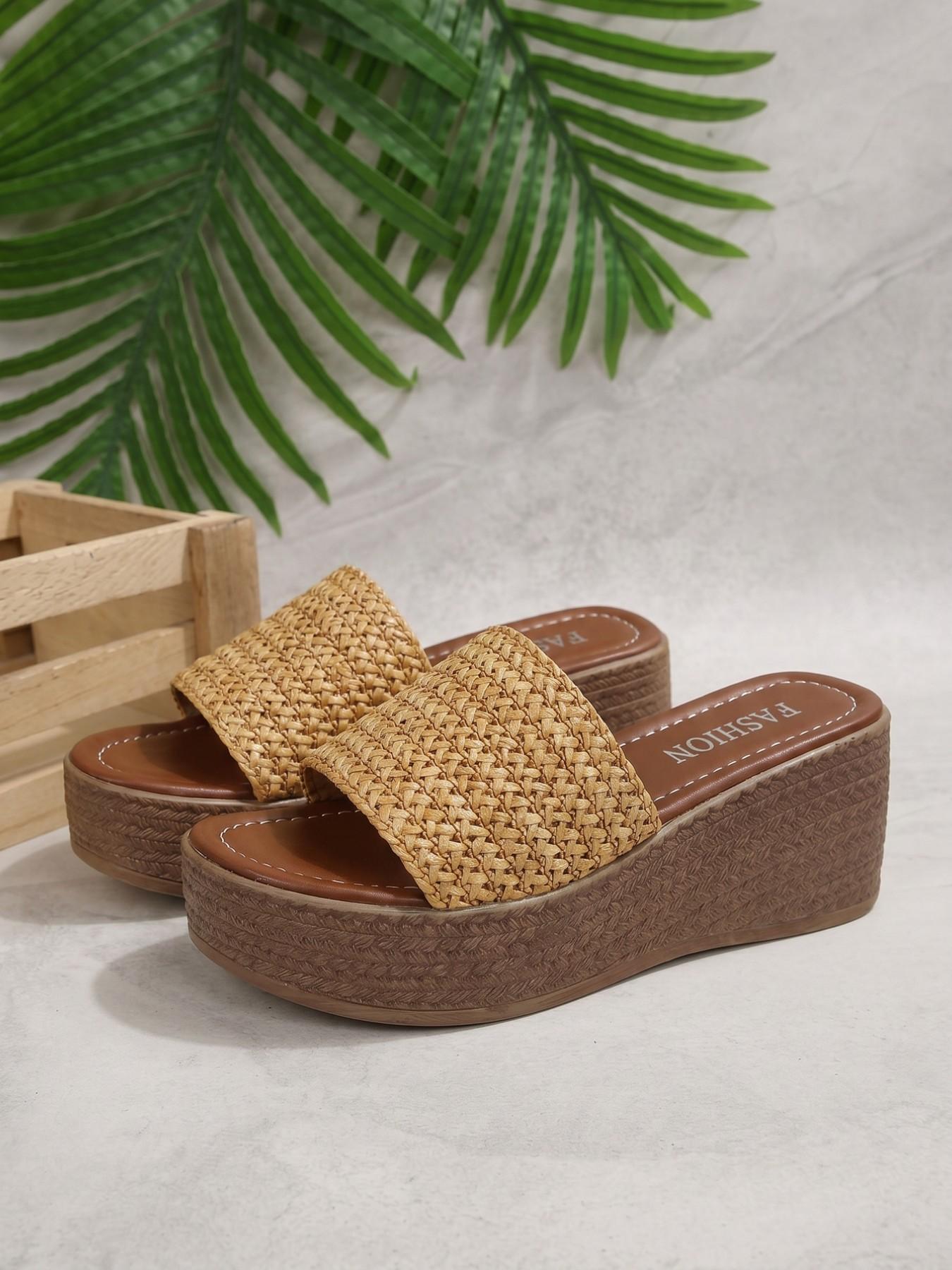 Women's Straw One-Strap Wedge Sandals, Summer Outdoor Retro Braided Thick Sole Platform Slippers, Beach Slip-Ons, Anti-Slip, Height-Increasing, Braided Design Sandals