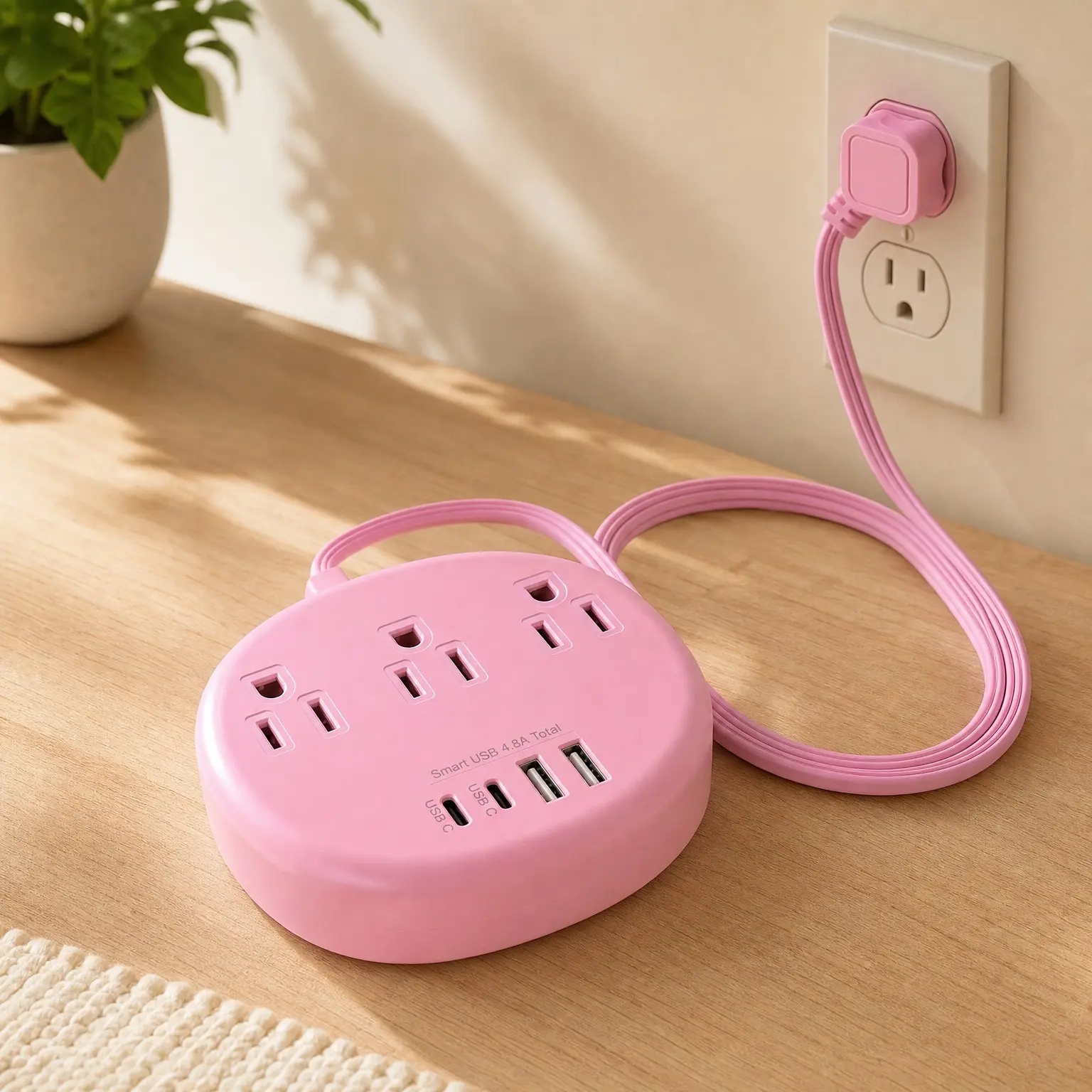 Pink Extension Cord with USB C - 5 FT Kawaii Power Strip | 1625W Cute Power Strip with 3 AC Outlets & 4 USB Ports (24W/4.8A), Compact Pink Kawaii Desk Home EssentialsGift