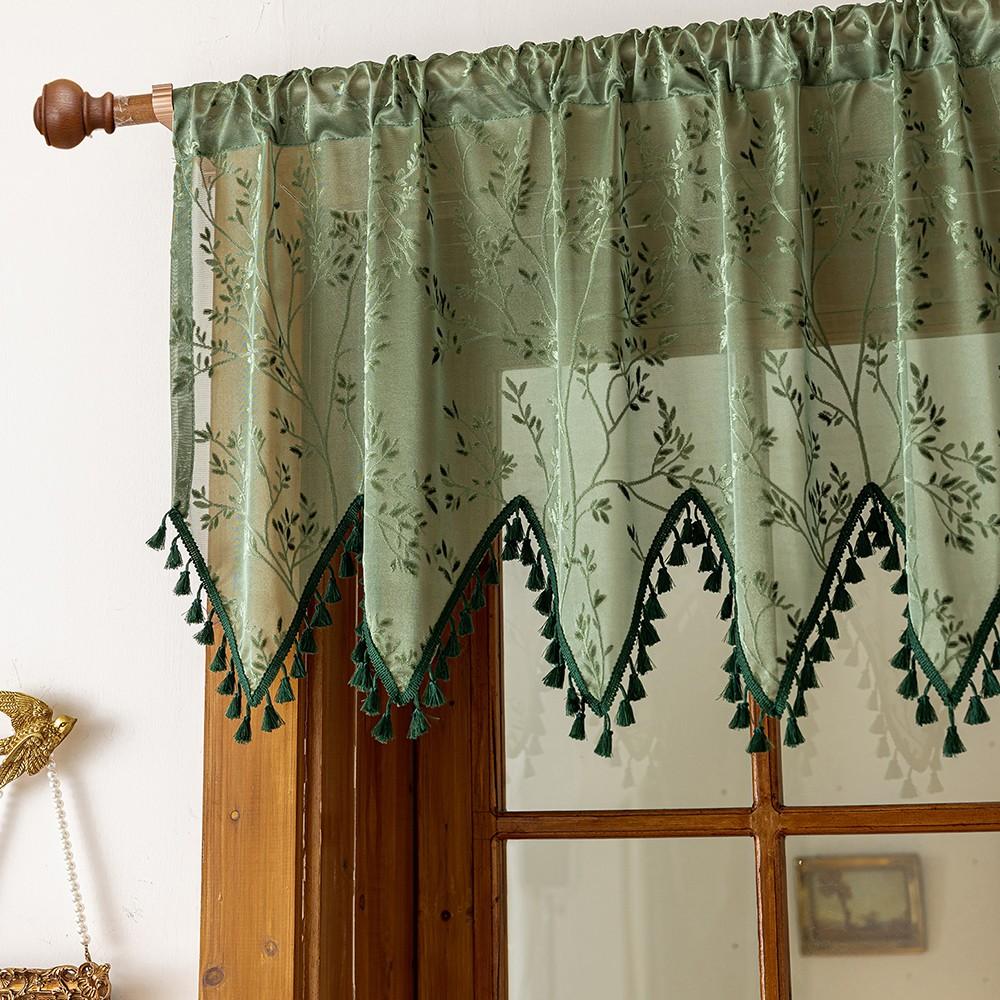 1pc American Country Leaf Embroidered Triangle Fringe Half Curtain, Vintage Coffee Shop Curtain, Kitchen Window Decor, Retro Style