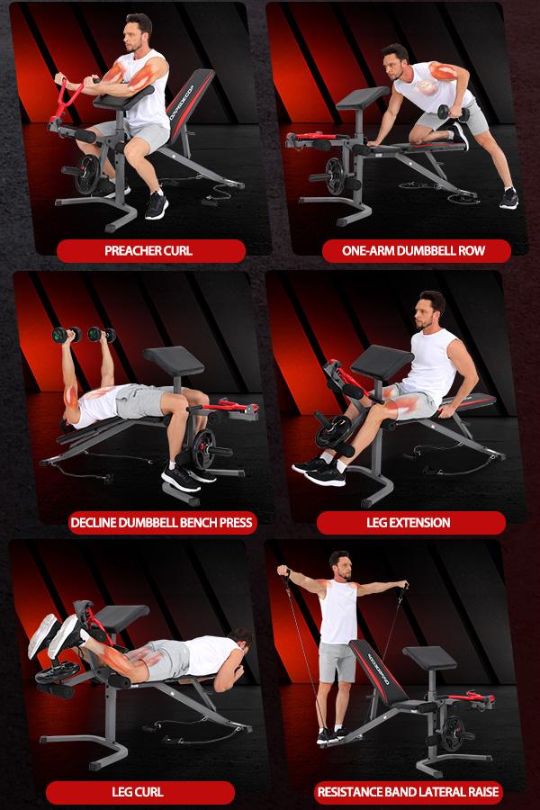 OPPSDECOR Adjustable Weight Bench Set with Leg Extension & Leg Curl, 900LBS Incline/Decline/Flat Preacher Curl Bench, Space-Saving Workout Bench for Home Gym