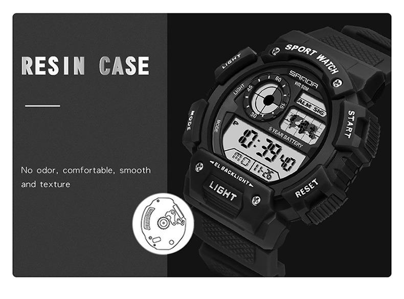 Sanda Fashion Waterproof Digital Watch for Youth, Dual Time, Stopwatch, Alarm, Luminous, Week Date, 12/24h, Casual Style, All Seasons