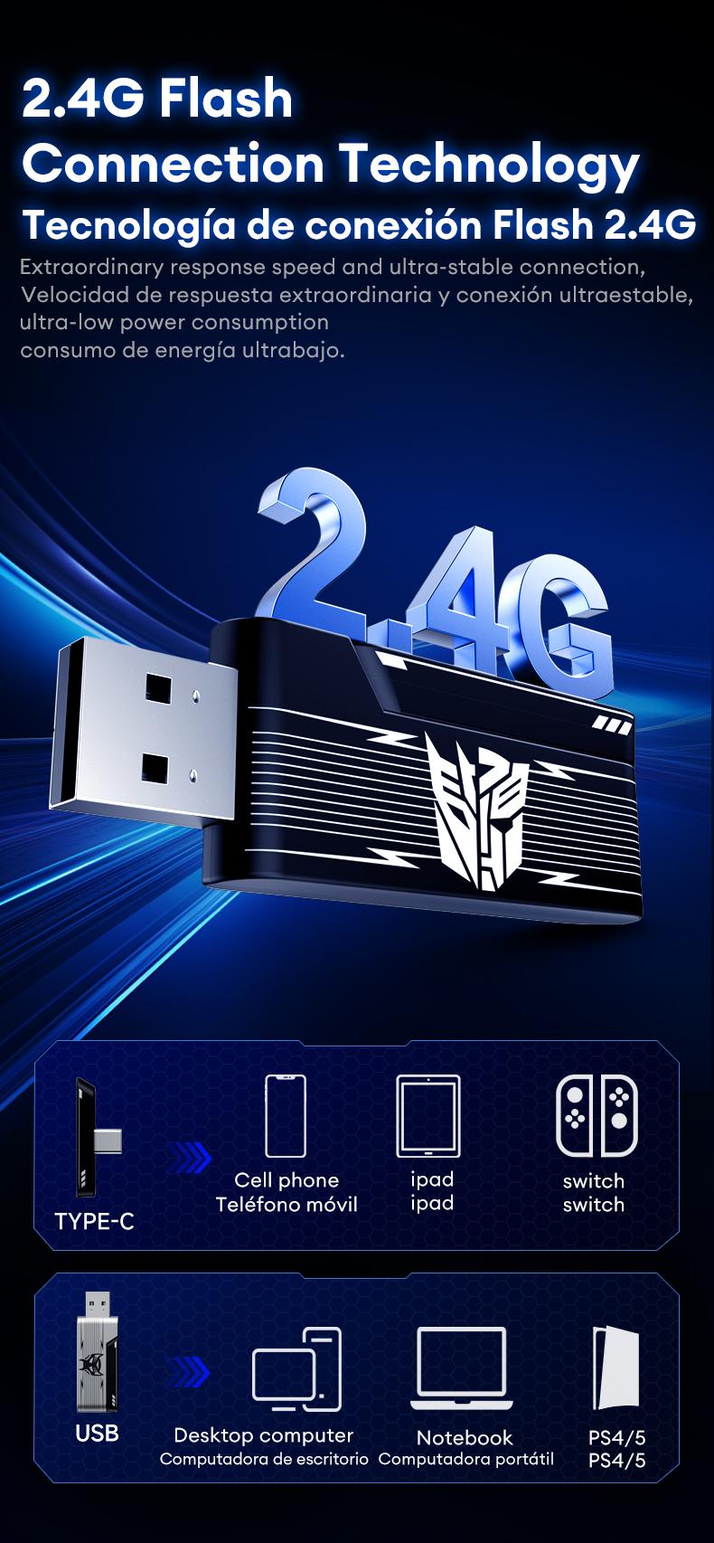 Transformers TF-G10 Wireless Gaming Headsets 2.4G+Bluetooth Compatible Headphones, High-Fidelity Surround 7.1 Audio Earphones with Noise Canceling Mic, Low Latency Gaming & Music Dual Mode