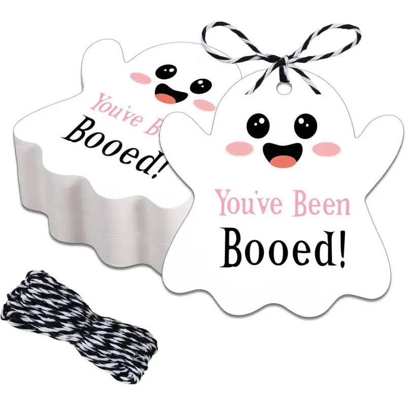 50Pcs Halloween Ghost Gift Tags - 'You've Been Booed' Hang Tags with String, Cute Ghost Treat Bag Toppers for Party Favors, Birthday & Halloween Decorations