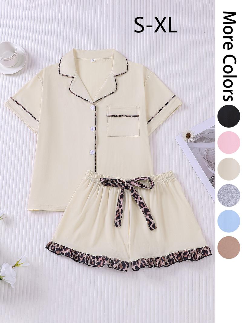 Women's Patchwork Contrast Binding Button Front Pocket Shirt & Ruffle Hem Shorts Pyjama Set, Casual Comfy Two-piece Pj Set, Ladies Summer Sleepwear, Pajama Set