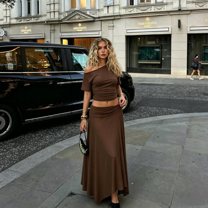 Women's Two-piece Set, Clothes, Solid Color One Shoulder Ruched Short Sleeve T-shirt Top & Bodycon Irregular Hem Long Skirt, Sexy Strapless Backless Tees Crop Top with Ruffles Skirts, Ladies Party Club Date Daily Casual Summer Outfits