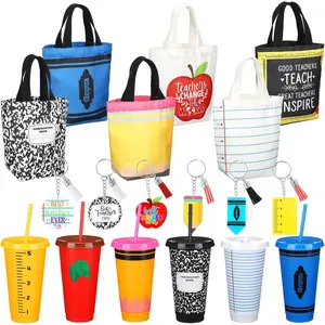 LemonRoad 18 Pcs Teacher Appreciation Gifts Bulk 6 Canvas Tote Bags 6 Acrylic Keychains 6 24oz Plastic Tumblers for Teacher Gifts on Back to School Graduation and Valentine's Day
