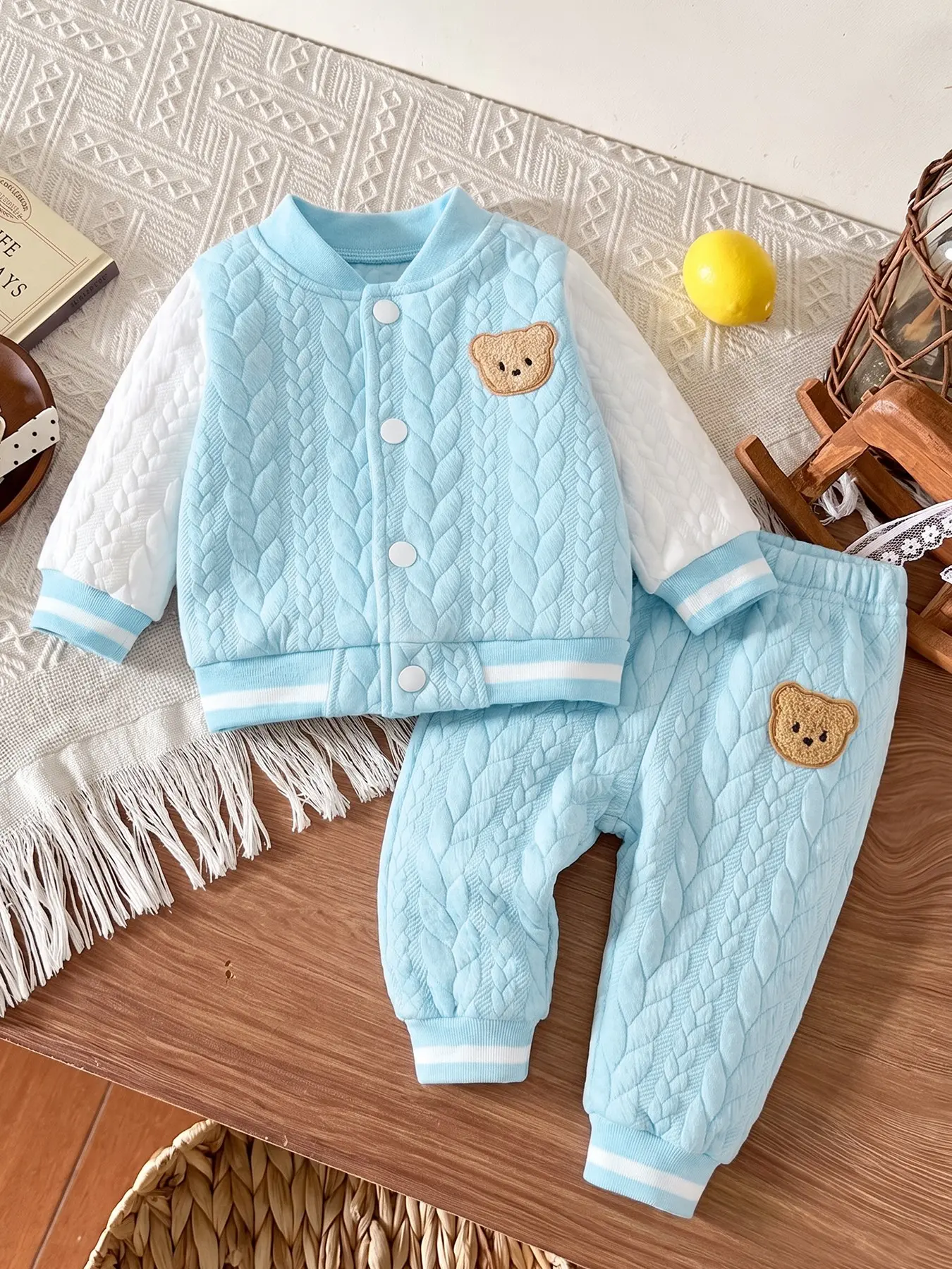 Baby Two-Piece Baseball Set, Cute Bear Embroidery, Soft Comfortable, Spring & Fall, Casual Loose-Fit, Home & Baby Clothing