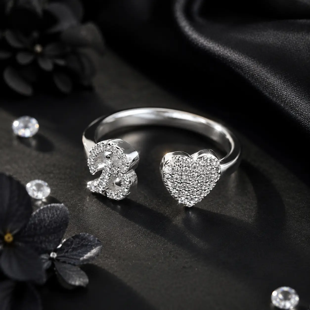 Silver Plated Initial Rings, Personalized Open Adjustable Heart Cubic Zirconia Letter A-Z Rings, Trendy No Tarnish, Alphabet Name Rings Party Birthday Wedding Engagement Anniversary Jewelry Holiday Gift