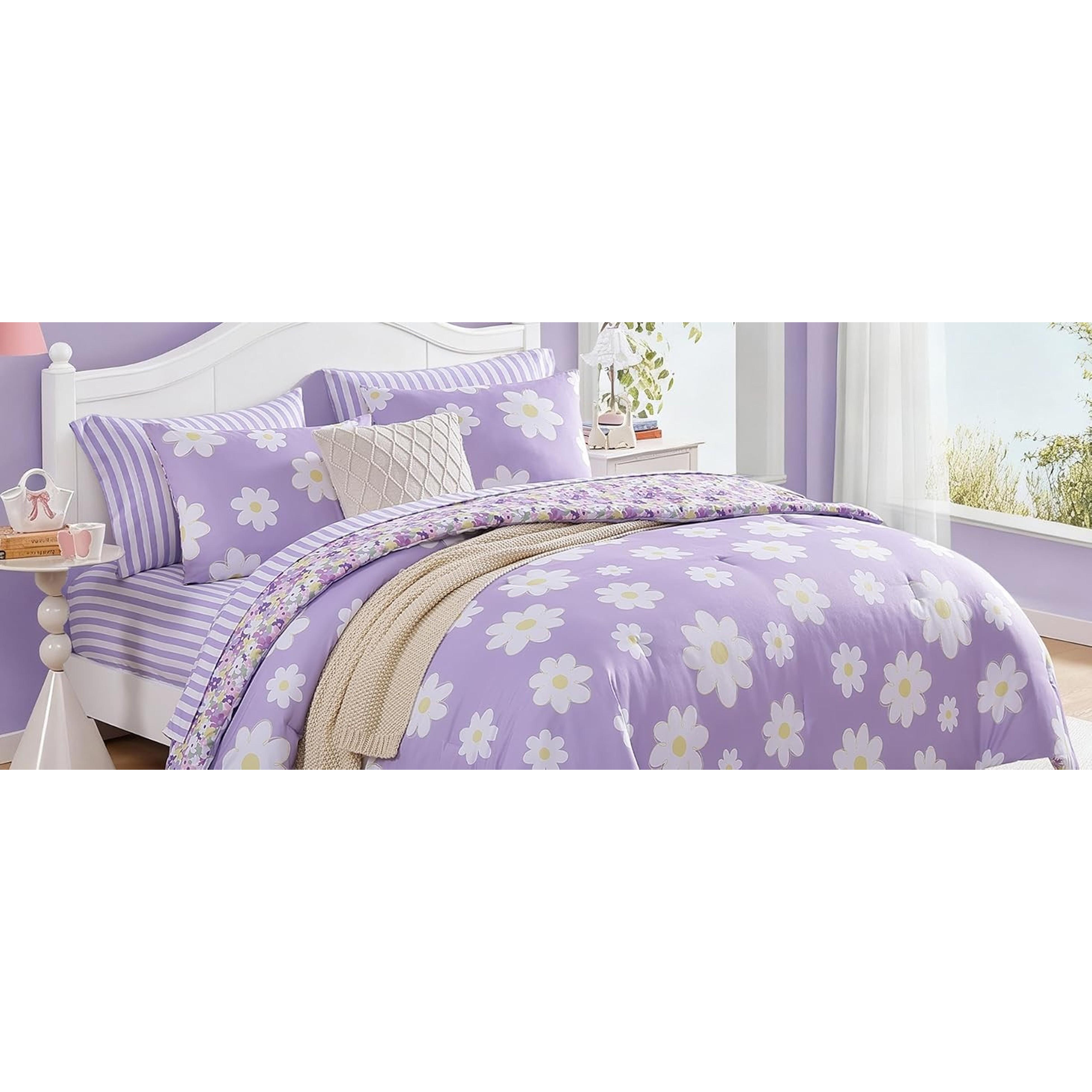 Full Size Comforter Set for Girls Purple Daisy 7 Pieces Bed in a Bag | Reversible Floral All Season Bedding Sets with Sheets, Pillowcase & Sham
