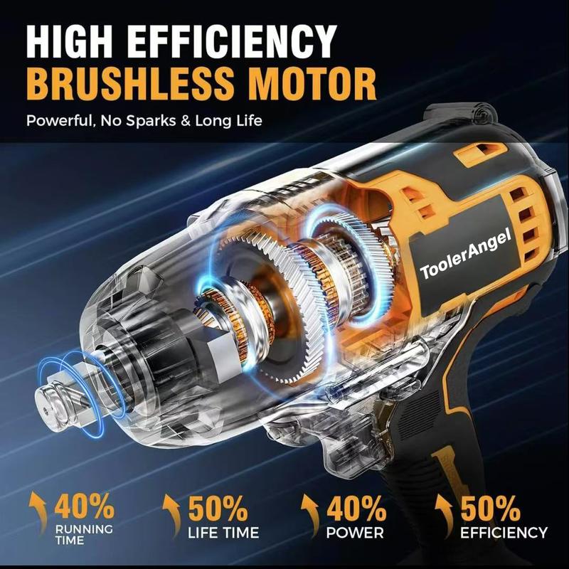 ToolerAngel 1/2-Inch Cordless Impact Wrench, 1000 Nm (737 ft-lbs) High-Torque Wrench, 20V 2000 RPM Brushless Motor, 2x 6.0Ah Lithium-Ion Batteries, Charger & 6 Sockets, Brushless Power Wrench