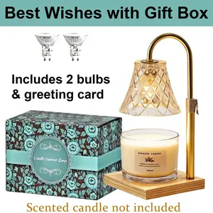 Trendy Luxury Gold Diamond Grid Glass Natural Wood Base Candle Warmer Lamp No Flame Timer Height Control Cozy Indoor Household Living Room Mom Souvenir