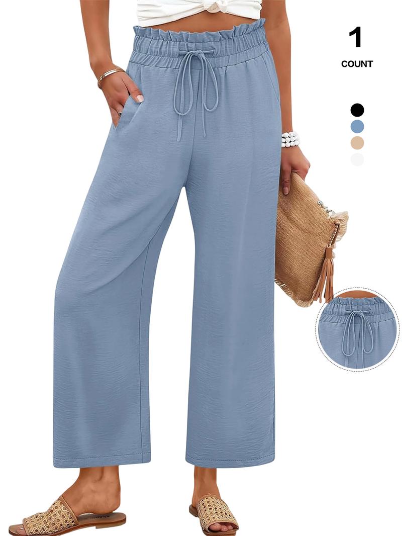 Women's Comfy Drawstring Casual Palazzo Pants, High Waist Cropped Lounge Trousers with Pockets, Fitted Organic Textile, All Seasons, Casual Fashion Trousers