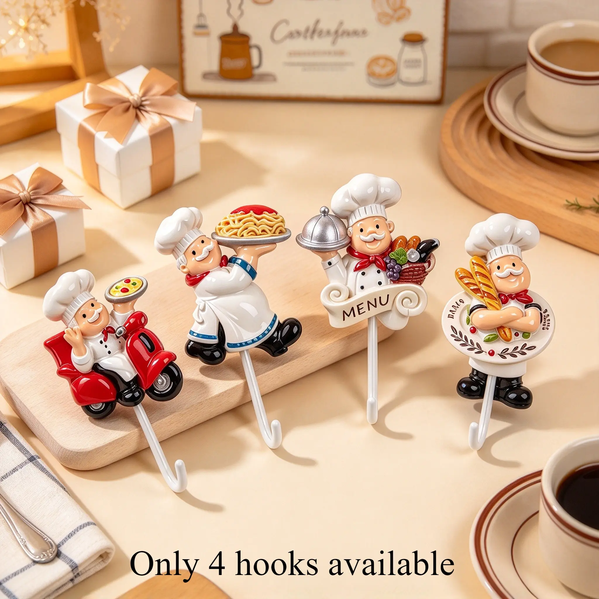 Adorable Cartoon Chef Resin Wall Hooks, No Drill Self Stick Hangers, Whimsical Kitchen Wall Decor, Perfect Gift for Cooking Lovers