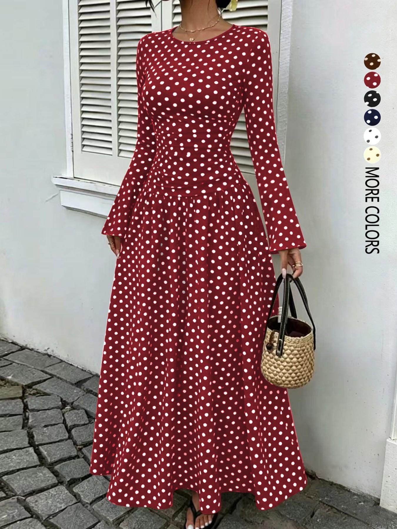 Women's Polka-Dot Fitted Long-Sleeve Maxi Dress with Flared Sleeves and Ruched Waist, Casual Dress for Daily Wear, Dates and Commuting, Brunch Dresses, Everyday