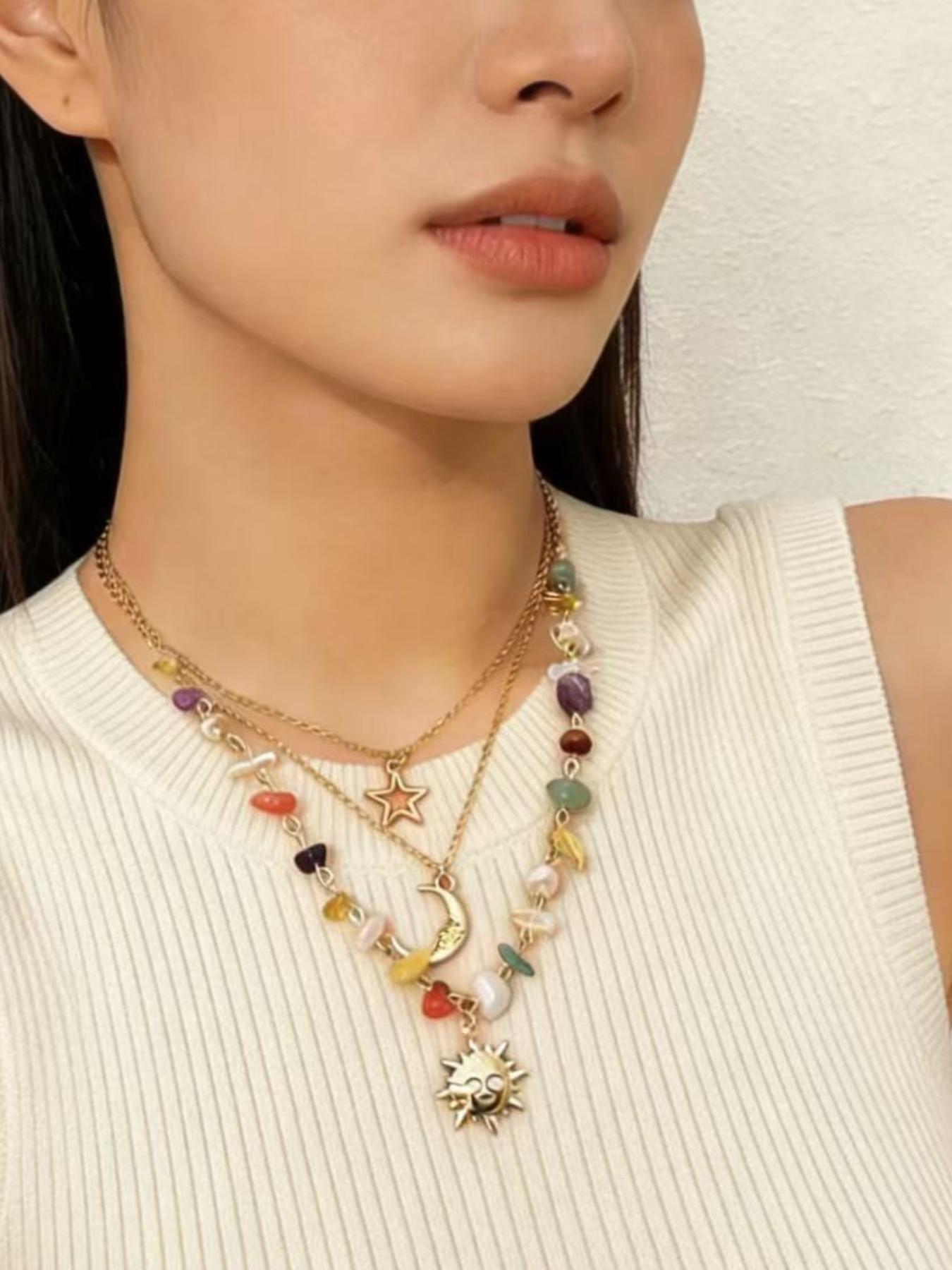 Boho 3 Layered Sun Moon Star Necklace for Women, 7 Chakra Healing Crystal Beaded Pendant Necklace, Bohemian Gold Layered Necklace, Summer Beach Jewelry Gift for Her