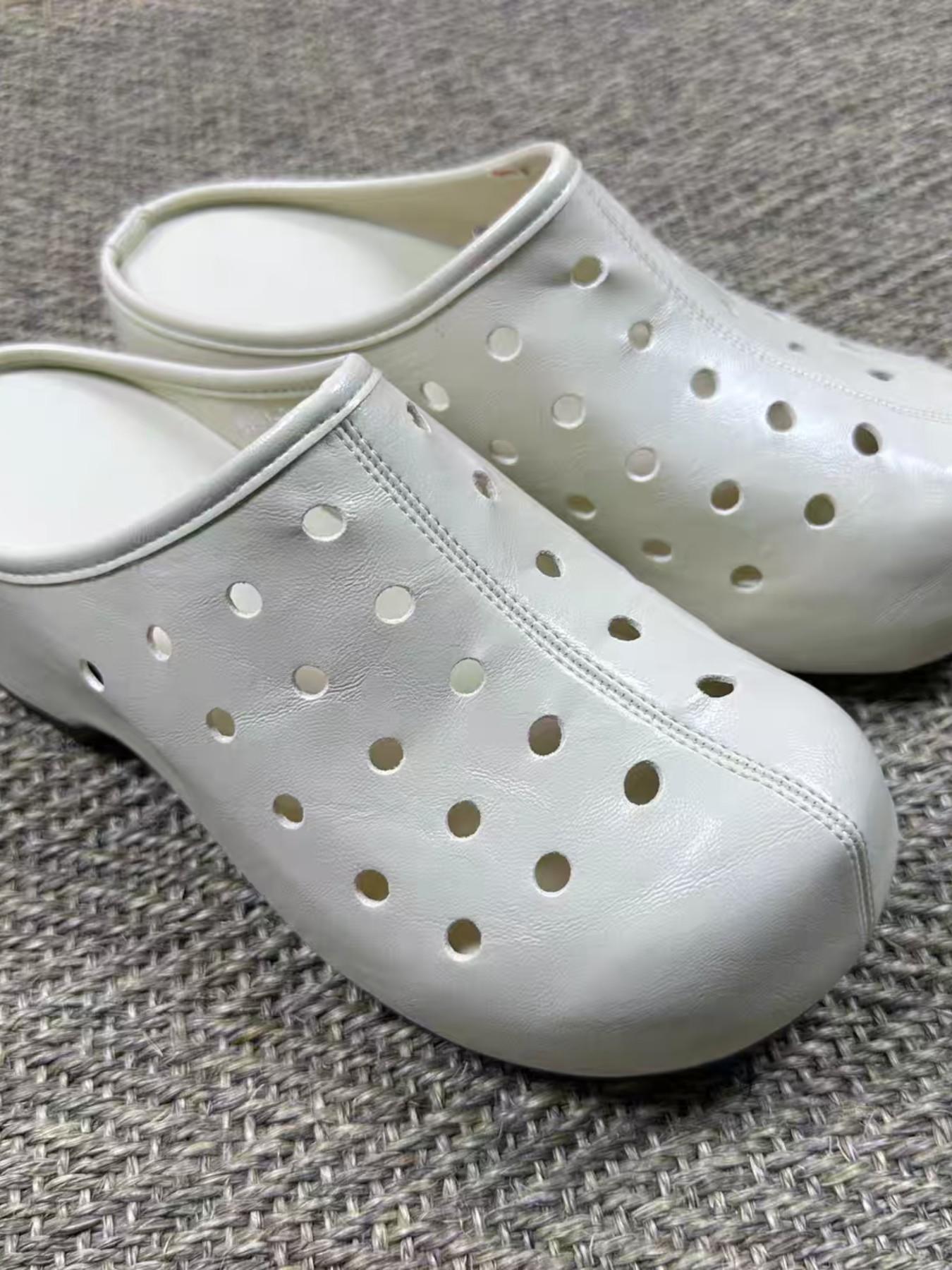 Cream Matte PU Leather Mules, Vintage Breathable Design, Round Hole Pattern, No Heel, Casual Style, Versatile Fashion Shoes