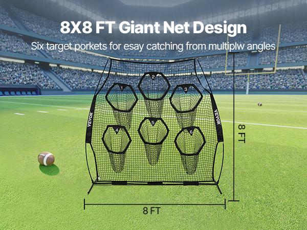 VEVOR 8x 8 ft Football Trainer Throwing Net, Training Throwing Target Practice Net with 6 Target Pockets, Knotless Net Includes Straps and Portable Carry Case, Improve QB Throwing Accuracy, Black