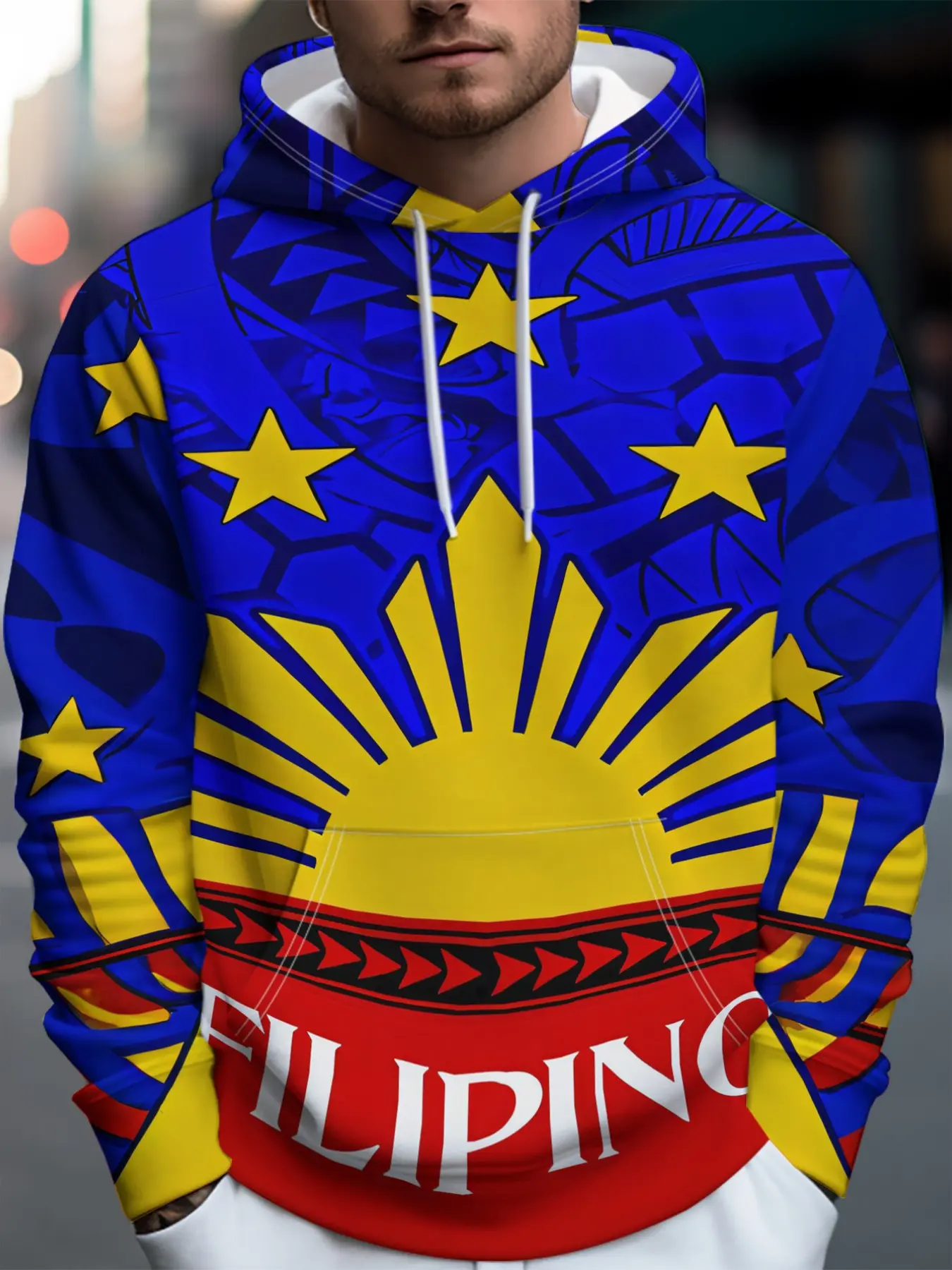 Men's Hooded Sweatshirt with Filipino Design, Sun Star Text Print, Vintage Tribal Pattern, Loose-Fit Casual Top