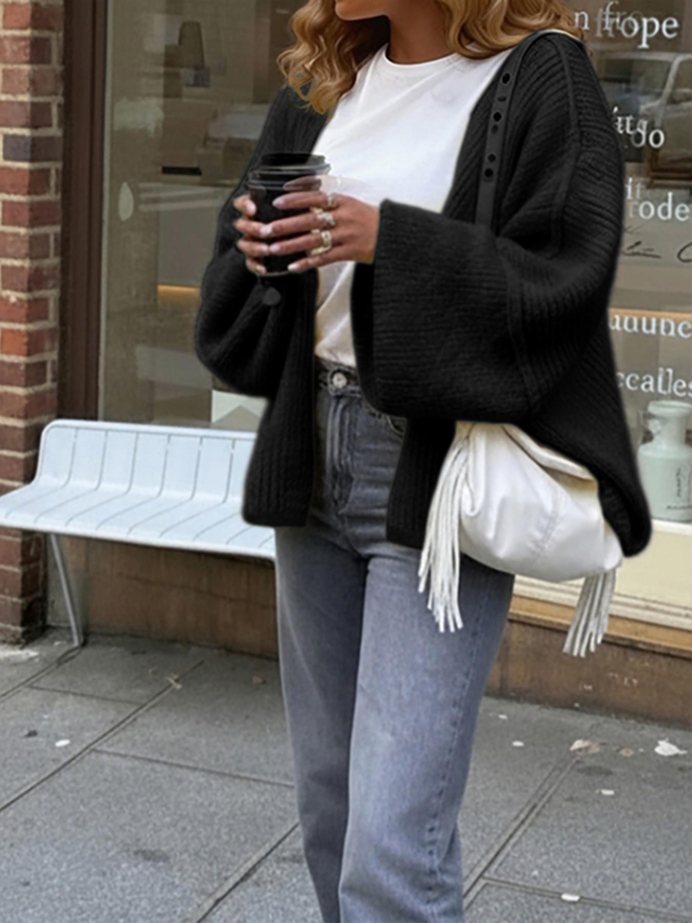 Gentle macaron-style V-neck knit cardigan, Knitwear, creamy yellow solid color, ribbed chunky knit, batwing loose sleeves, soft & cozy, Spring/fall layering essential, perfect for coffee dates, casual outings, sweet romantic vibe, Daily warm wrap-style