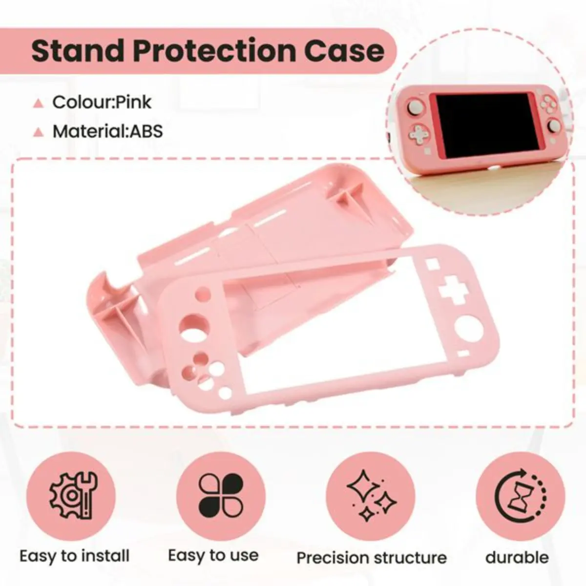 Pink Hard Protective Case for Nintendo Switch Lite ABS Material Built in Kickstand Shockproof Scratch Resistant Lightweight Portable Gaming Accessory