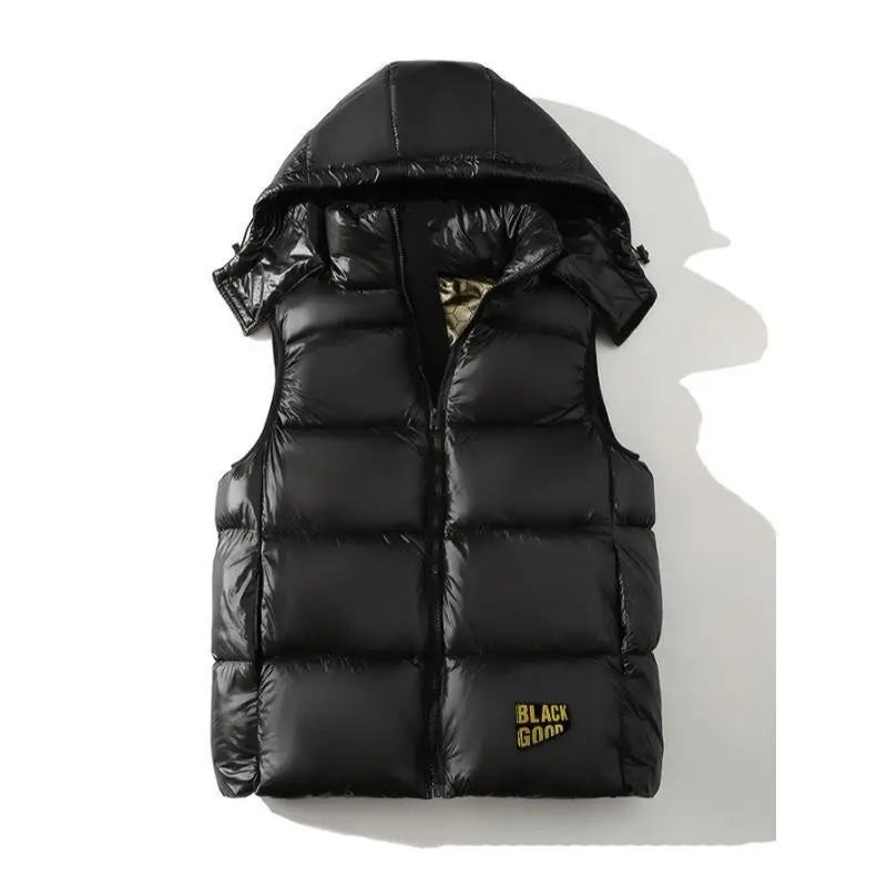Sleeveless 100% Polyester Black Golden Hooded Vest - Zip-Up Puffer Jacket with Stand Collar, Ideal for Fall Winter Comfort