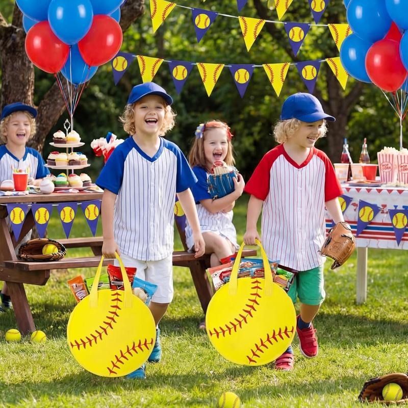 12 Pcs Softball Party Favor Bags10*10 Inch Softball Gift Bags with Handle Round Non Woven Gift Pouches for Goodie Candy Snacks Sports Themed Birthday Party Supplies