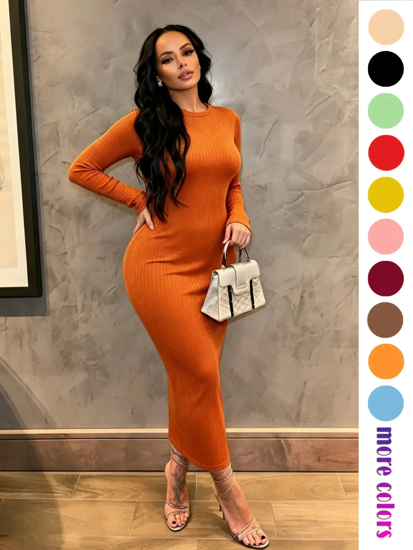 Women's Long Sleeve Elegant Basic Dress with Pocket, Breathable Stretchy Fitted Solid Color Maxi Dress for Party, Casual and Travel, Stylish All-Day Wear, Womenswear