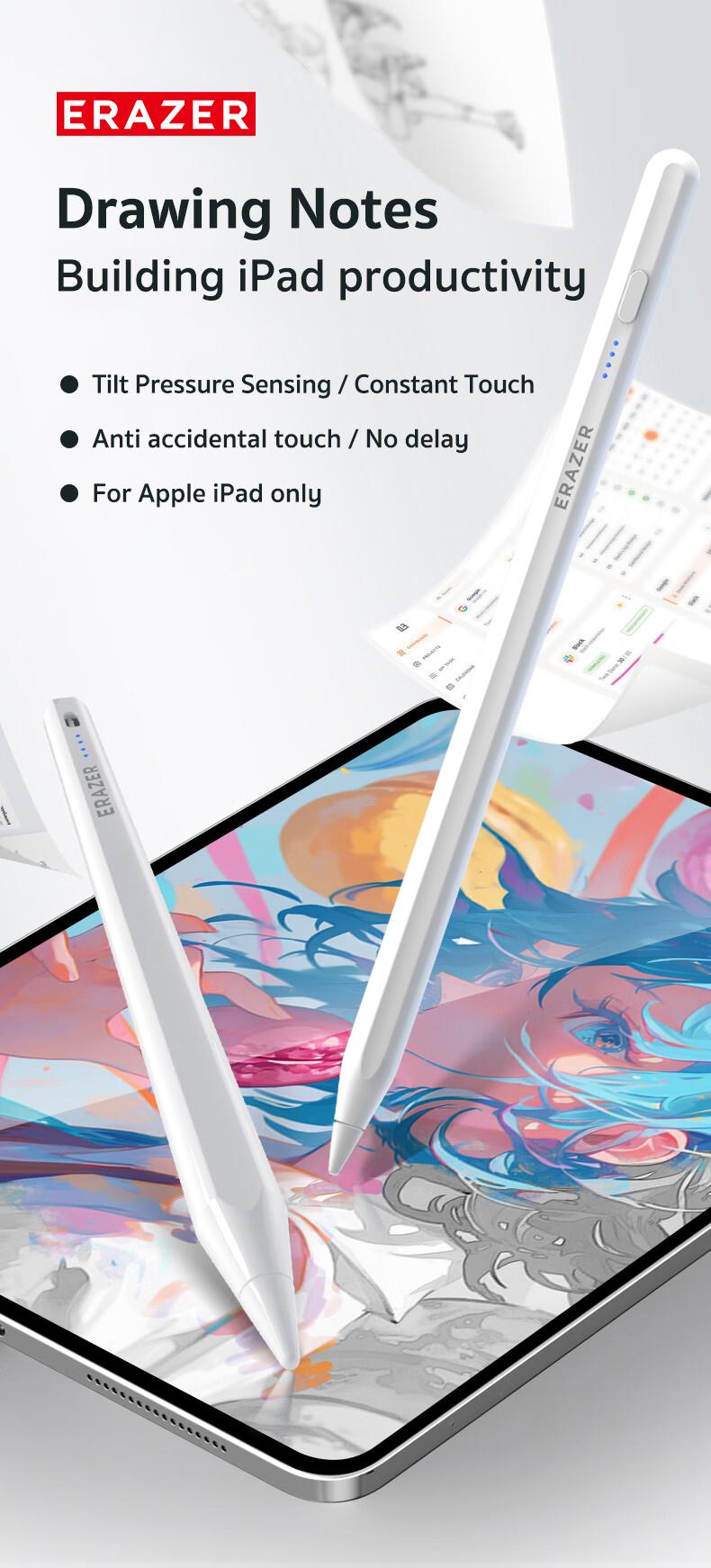 ERAZER Stylus Pen for Apple iPad 2018-2024,2X Fast Charge,Tilt Sensitivity Active Touch Screen Pencil Compatible with iPad 10/9/8/7/6, iPad Pro 12.9/11/13,iPad Air 3/4/5, iPad Mini 5/6 Gen Universal Rechargeable