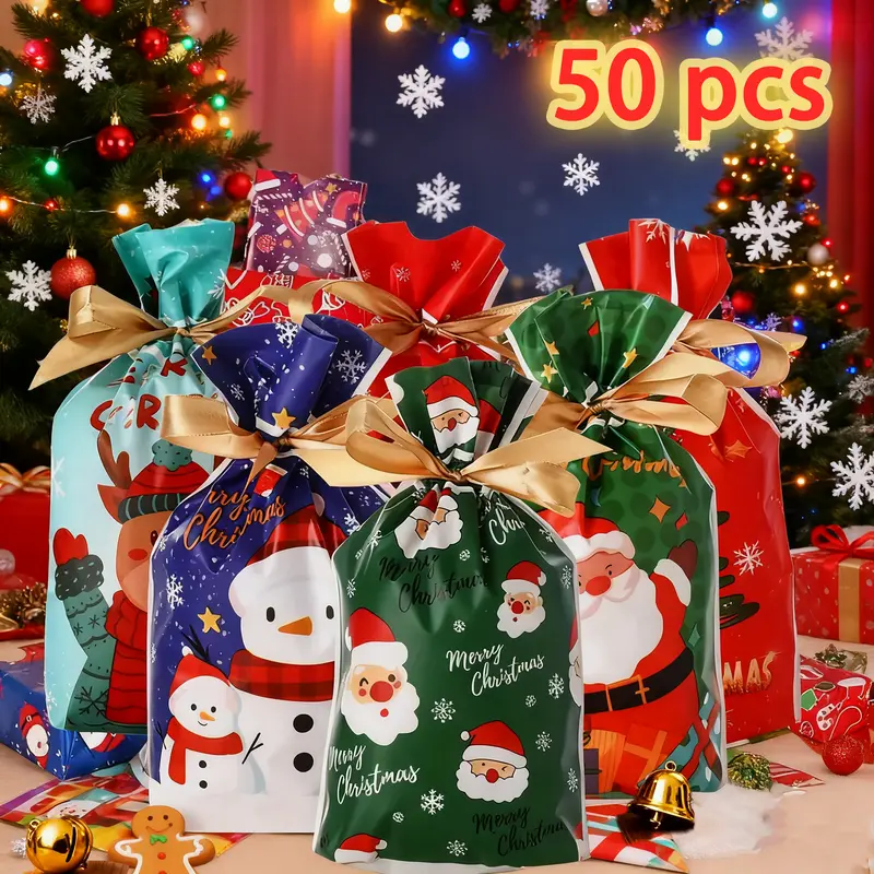 Christmas Themed Gift Bag, 50pcs/set Random Color Cute Santa Claus Elk Snowman Pattern Gift Candy Bag with Ribbon, Gift Wrapping Supplies for Christmas Party, Party Favors Assortment
