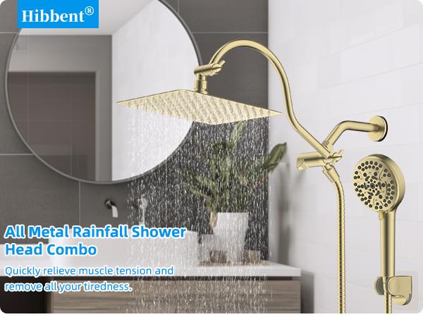 Hibbent All Metal CUPC Certified Shower Head, 10'' High Pressure Rainfall Shower Head/Handheld Showerhead Combo with 12'' Adjustable Curved Shower Extension Arm, 10-Spray, 71'' Hose, Showerhead Holder, Brushed Gold