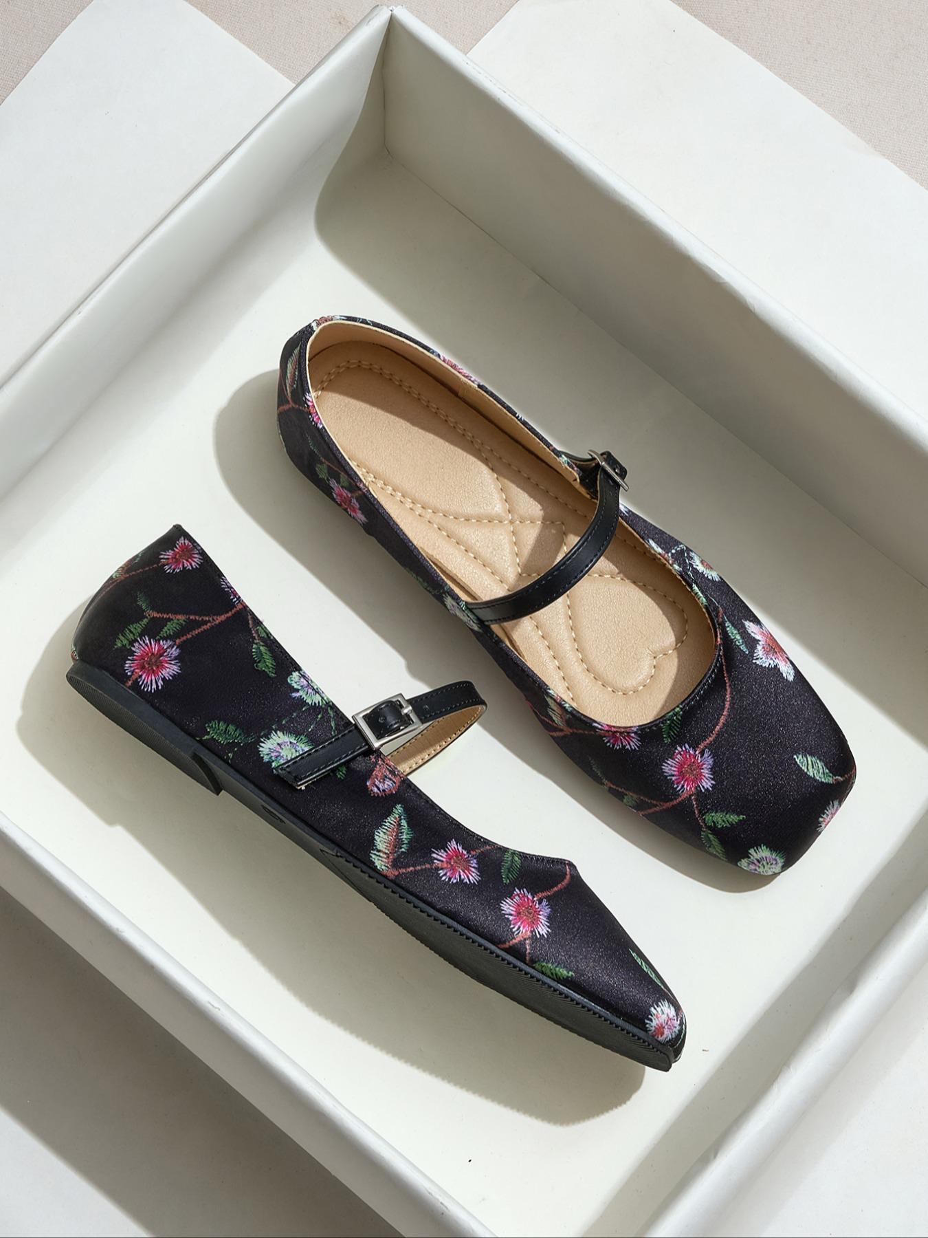 Women's Square Toe Mary Jane Shoes, Casual PU Leather Flats with Floral Pattern, Soft Sole Rubber Bottom, All Season Fashion Footwear