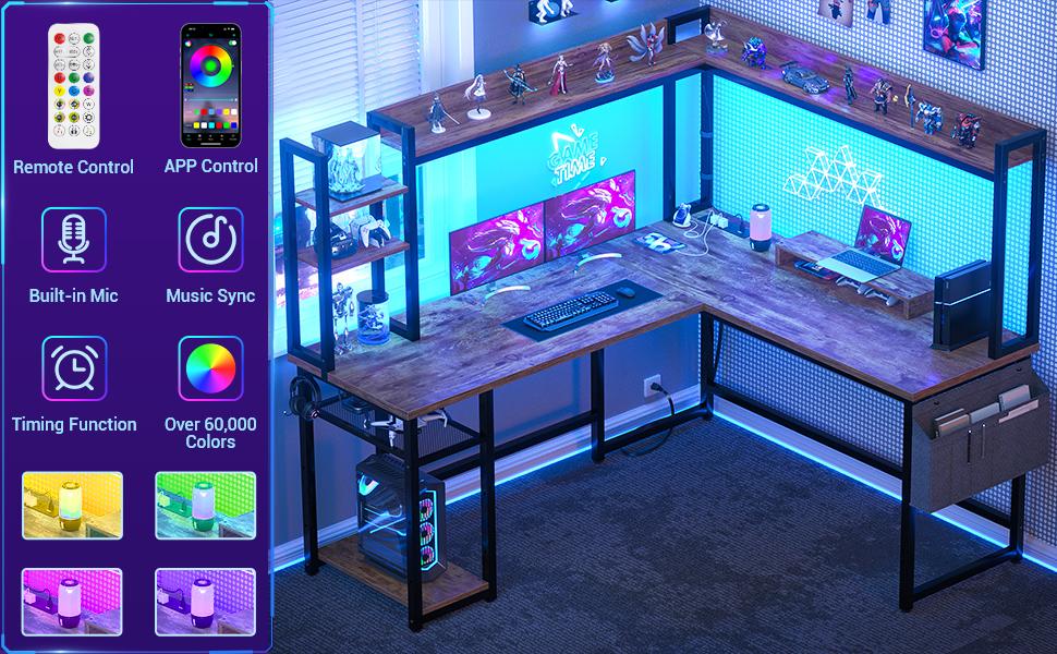 Reversible L-Shaped Computer Desk with Power Outlets & LED Lights, Corner Home Office Gaming Desk with Monitor Stand & Full Hitch Storage Shelves